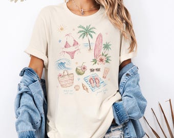 Beach Vacation Graphic Tee, Coastal Summer Aesthetic Shirt, Cute Pink Beach Collage Tee, Tropical Vacation T Shirt for Women