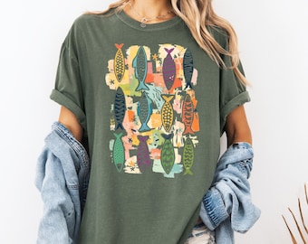 Coastal Fish Shirt Colorful Fish Tee Mid Century Modern Art Shirt Beachy Graphic Tee Ocean Lover Gift Summer Shirt