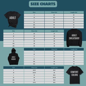 a collection of size charts for adult clothing items, including t-shirts and hoodies. The charts provide size information for different chest and length measurements, such as S, M, L, XL, 2XL, 3XL, and a sweater. The charts are designed to help customers determine the appropriate size for their desired clothing item.