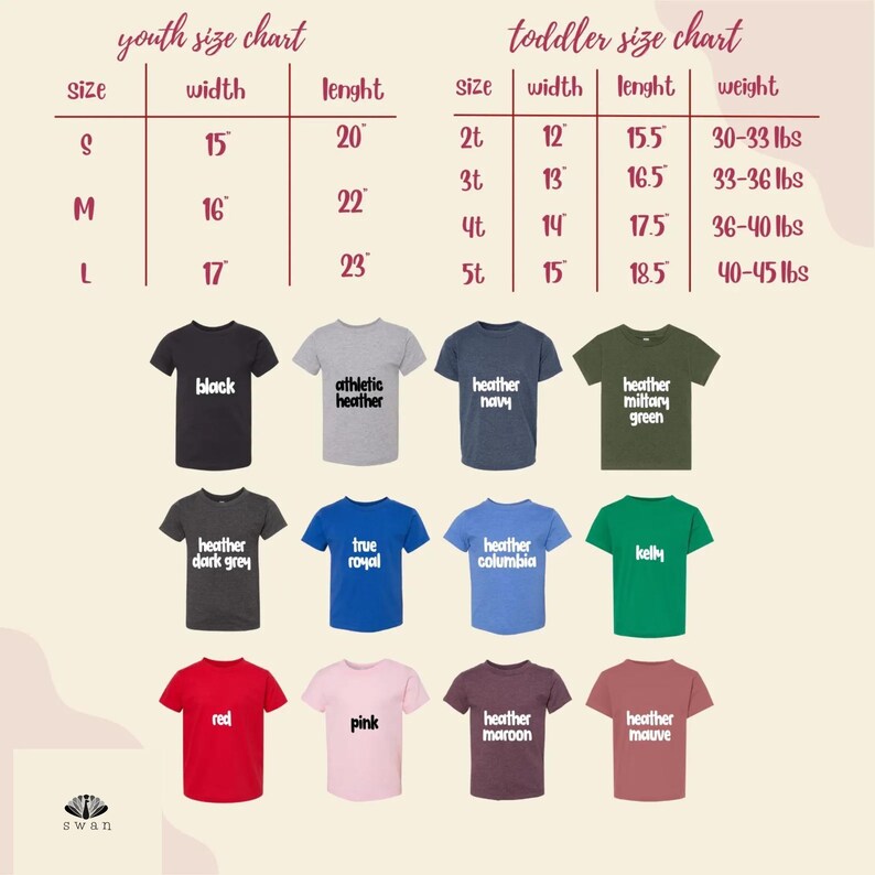 The image is a youth size chart and toddler size chart for children's clothing, including t-shirts in various colors and sizes.
