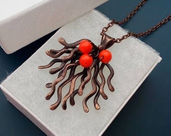 Wire jewelry, copper wire necklace, contemporary jewelry, orange beads jewelry, artistic pendant, statement necklace