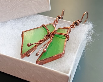 Stained glass earrings, green jewelry, contemporary jewelry, gift for women