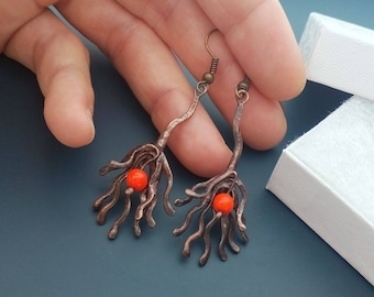 Wire earrings, wearable art, orange beaded jewelry, artistic earrings, gift for women, statement jewelry, Fantasy