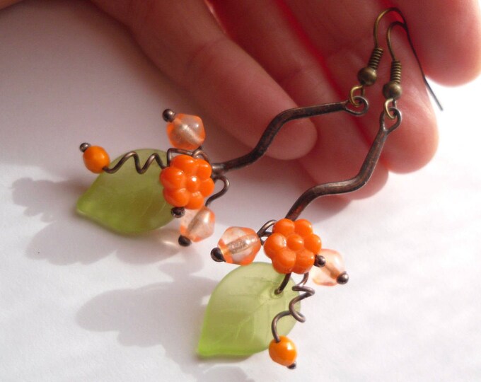 wire earrings Statement earrings artistic jewelry orange jewelry gift for women wearable art Bouquet flower earrings