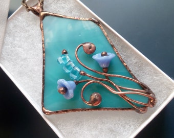 Stained glass necklace, gift for women, turquoise pendant, artistic jewelry, glass flowers, unique handmade