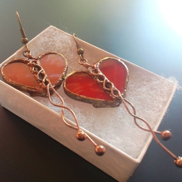 Stained glass,  wire jewelry, valentines gift, statement jewelry, heart earrings, contemporary jewelry, red earrings, gift for women, Love