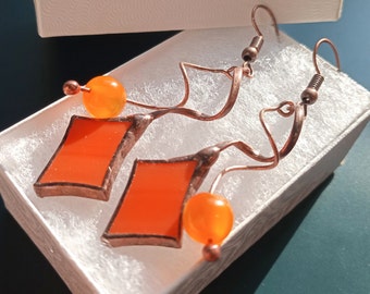 Stained glass earrings, bohemian jewelry, orange beaded earrings, statement jewelry, copper wire earrings, Sparkle