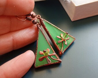 Stained glass earrings, statement jewelry, green earrings, Copper flowers