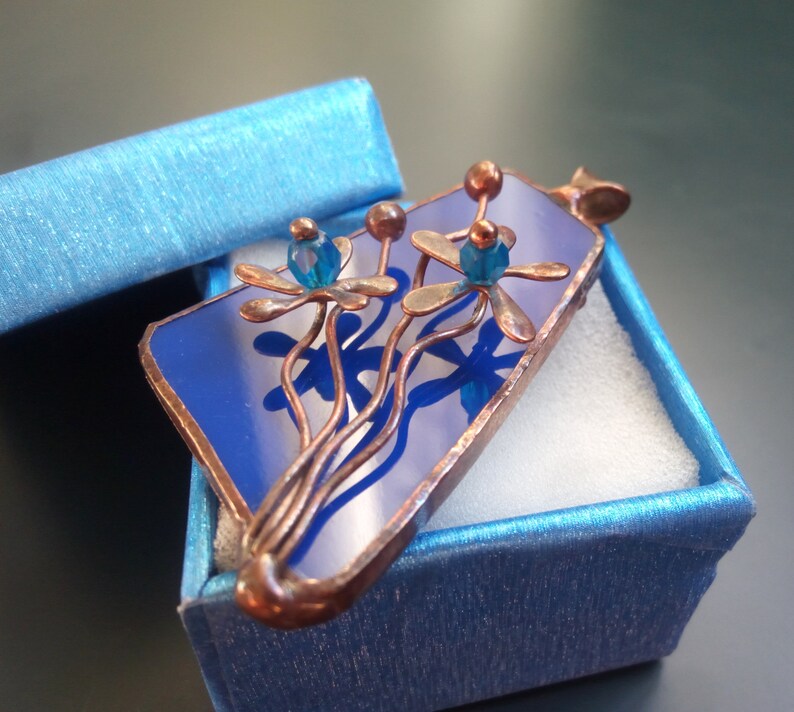 Stained Glass Necklace, Copper Flower Pendant, Wearable Art