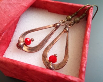 Contemporary earrings, wire jewelry,  red glass beaded earrings, copper wire earrings, gift for women, drop earrings