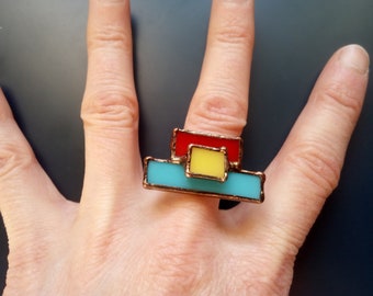 Stained glass ring, cocktail ring, statement jewelry, size 10,5 US, adjustable ring, soldered jewelry, eco friendly tin, extravagant ring