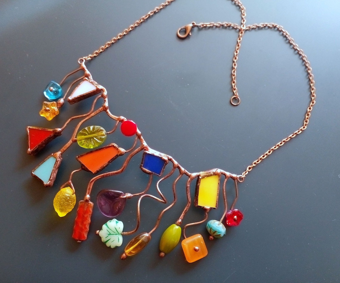 Wearable Art, Artistic Necklace, Contemporary, Wire Jewelry, Stained Glass Necklace, Statement