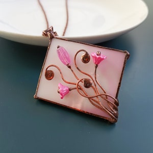 Stained glass necklace, gift for women, pink pendant, artistic jewelry, glass flowers, unique handmade image 2