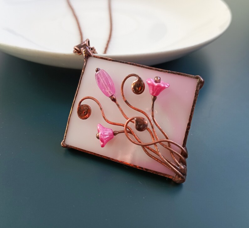 Stained glass necklace, gift for women, pink pendant, artistic jewelry, glass flowers, unique handmade image 2