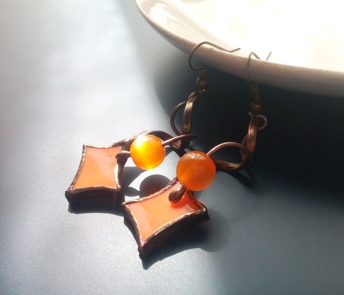 Stained Glass Earrings Bohemian Jewelry Orange Beaded Etsy