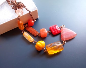Red and orange glass beaded necklace, wearable art, contemporary jewelry, gift for women, artistic jewelry, Frolicsome