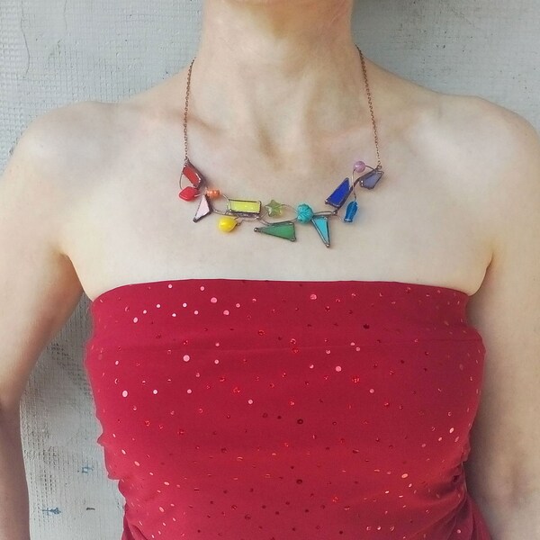 Wearable art, stained glass necklace, extravagant necklace, wire jewelry, statement jewelry, gift for women, multicolored, artistic necklace