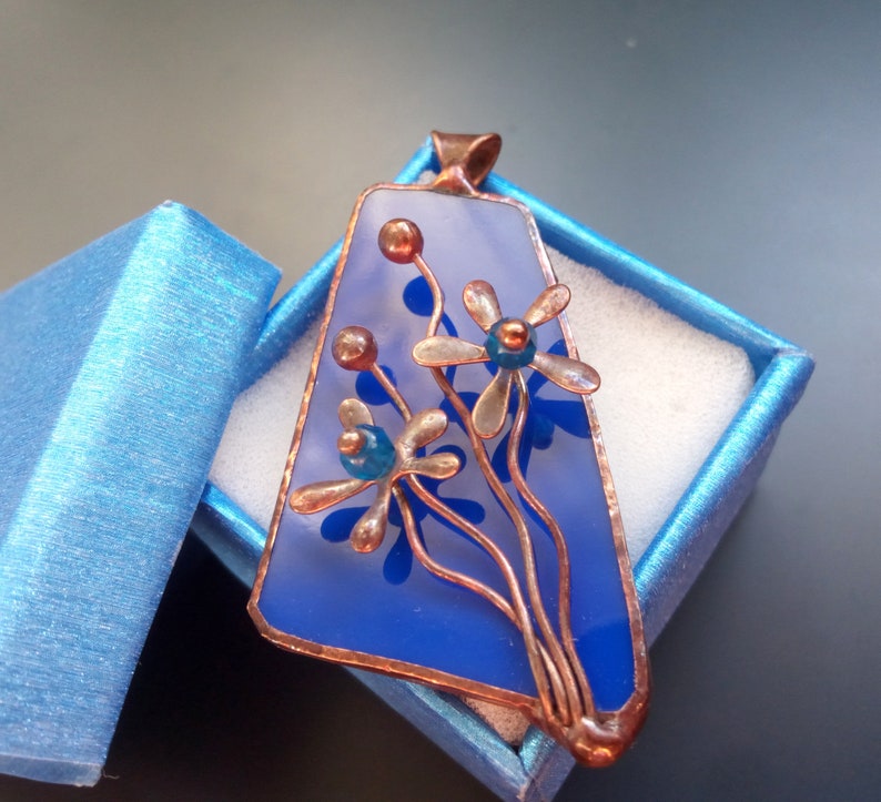 Stained Glass Necklace, Copper Flower Pendant, Wearable Art