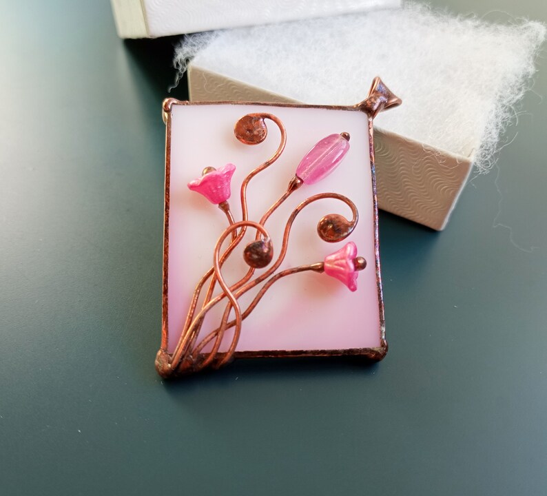 Stained glass necklace, gift for women, pink pendant, artistic jewelry, glass flowers, unique handmade image 6