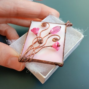 Stained glass necklace, gift for women, pink pendant, artistic jewelry, glass flowers, unique handmade image 4