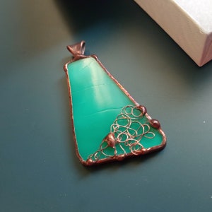 Stained glass necklace, artistic pendant, turquoise green pendant, copper wire jewelry, contemporary jewelry, Wire nest image 6