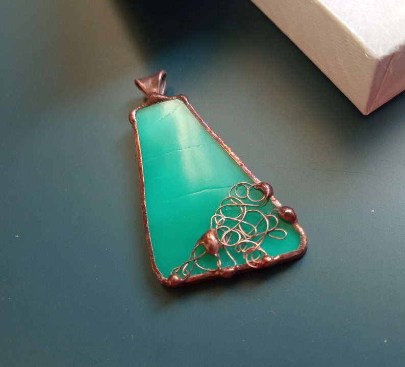 Stained glass necklace, artistic pendant, turquoise green pendant, copper wire jewelry, contemporary jewelry, Wire nest image 6