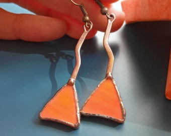 Stained glass earrings, wire earrings, contemporary jewelry, copper wire jewelry, orange earrings, artistic earrings, funky, Triangles