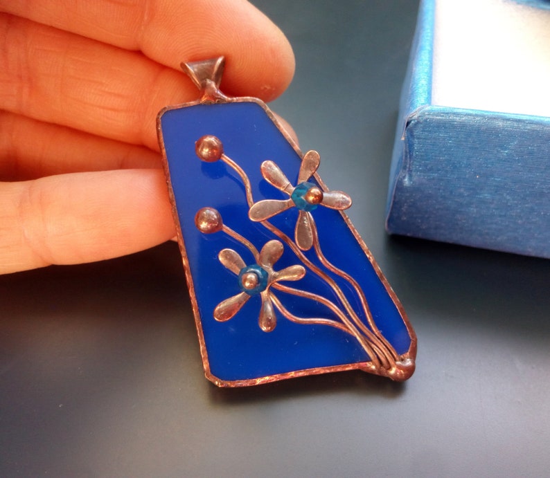 Stained Glass Necklace, Copper Flower Pendant, Wearable Art