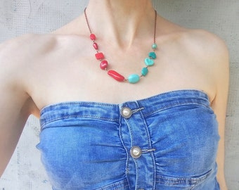 Glass beaded necklace, wearable art, red and blue jewelry, summer jewelry, gift for women, artistic jewelry, Frolicsome