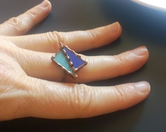 Stained glass ring, cocktail ring, statement jewelry, blue, size 10,5 US, adjustable ring, soldered jewelry, eco friendly tin