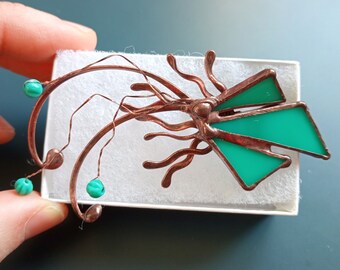 Stained glass brooch, artistic statement jewelry, gift for women, turquoise beads, copper wire jewelry, contemporary jewelry