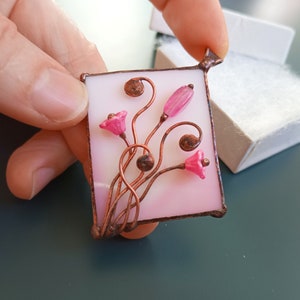 Stained glass necklace, gift for women, pink pendant, artistic jewelry, glass flowers, unique handmade image 7