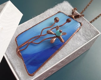 Stained glass necklace, glass art, wearable art, contemporary necklace, sky blue pendant, Copper flowers