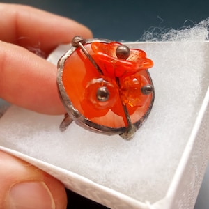 Orange ring, stained glass ring, cocktail ring, statement jewelry, size 10,5 US, adjustable ring, glass ring, glass flower, Mandarin
