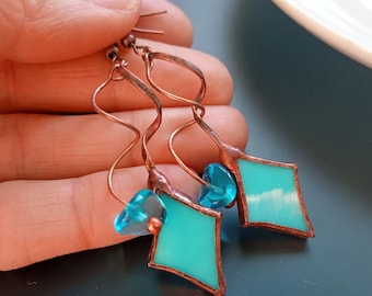 Glass beaded earrings, stained glass earrings, bright light blue jewelry