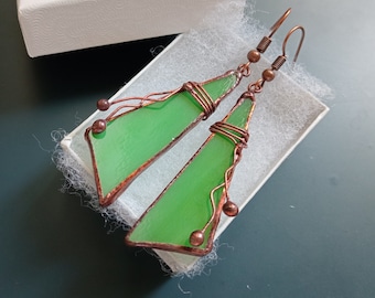 Stained glass earrings, green jewelry, gift for women
