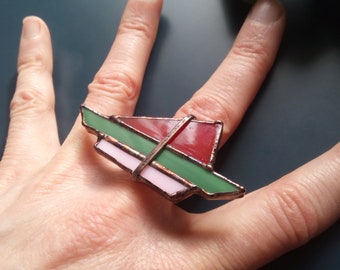 Stained glass ring, cocktail ring, statement jewelry, green, size 10,5 US, adjustable ring, soldered jewelry, eco friendly tin