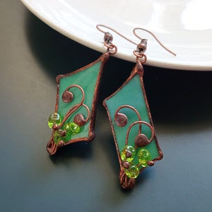 Stained glass earrings, green beaded earrings, contemporary jewelry