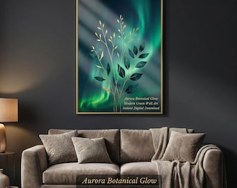 Aurora botanische muurkunst, smaragd noorderlicht, modern groen decor (digitale download)