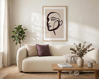 Abstracte lijnkunst gezichtsafdruk, Black Plum minimalistische muurkunst