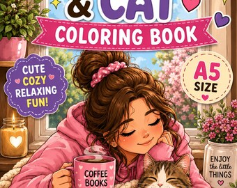 Gemütliches Mädchen Katzen Malbuch | Entspannend A5 PDF Instant Download
