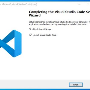 May include: A screenshot of the Visual Studio Code setup wizard. The blue and white logo is visible in the top left corner. The text reads "Completing the Visual Studio Code Setup Wizard." A checkbox is next to "Launch Visual Studio Code." The Finish button is at the bottom.