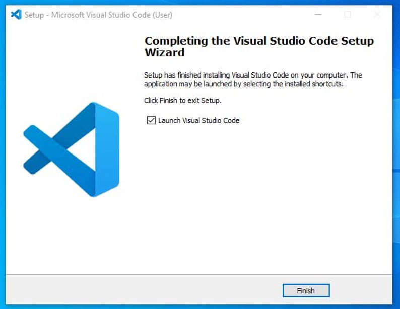 May include: A screenshot of the Visual Studio Code setup wizard. The blue and white logo is visible in the top left corner. The text reads "Completing the Visual Studio Code Setup Wizard." A checkbox is next to "Launch Visual Studio Code." The Finish button is at the bottom.