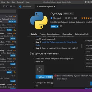 May include: Screenshot of Visual Studio Code with the Python extension details. The Python logo is a blue and yellow snake. The extension is from Microsoft and has over 75 million downloads. An error message indicates a problem with the installation.