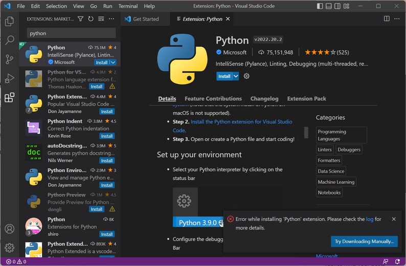 May include: Screenshot of Visual Studio Code with the Python extension details. The Python logo is a blue and yellow snake. The extension is from Microsoft and has over 75 million downloads. An error message indicates a problem with the installation.