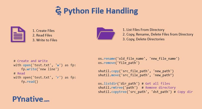 May include: An infographic about Python file handling, with purple icons and code snippets. The text includes file creation, reading, and writing, along with directory operations. The PyNative.com logo is at the bottom.