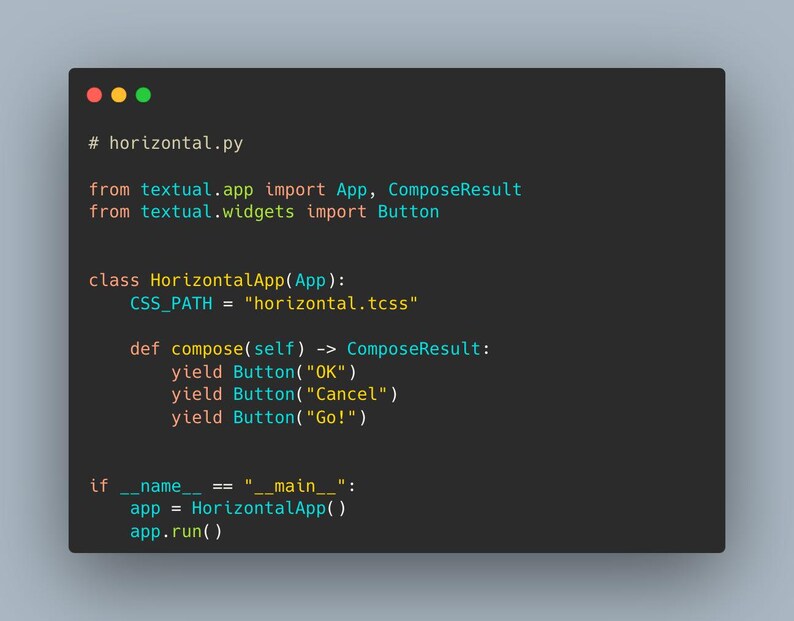 May include: A screenshot of Python code, titled "horizontal.py", displayed on a dark gray background. The code defines a HorizontalApp with buttons labeled "OK", "Cancel", and "Go!". The text is in white, with a few lines highlighted in a lighter shade.