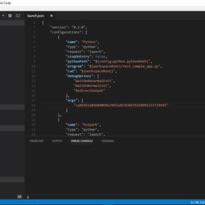 May include: Screenshot of Visual Studio Code displaying a launch.json file with Python configurations. The code includes settings for debugging a Python program, with arguments and debug options. The interface is dark with blue accents.