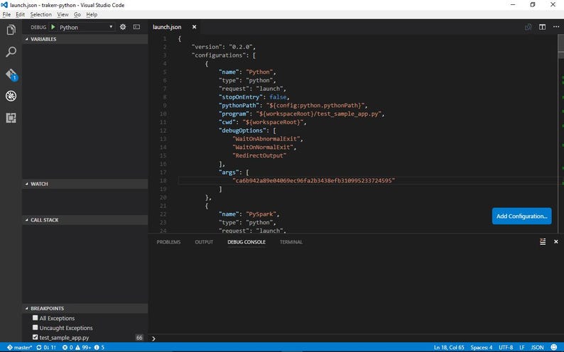 May include: Screenshot of Visual Studio Code displaying a launch.json file with Python configurations. The code includes settings for debugging a Python program, with arguments and debug options. The interface is dark with blue accents.
