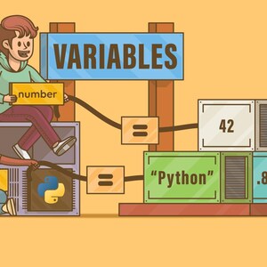 May include: An illustrated graphic about variables in Python. Two cartoon figures hold signs labeled "number" and "word". The image includes the text "VARIABLES", "42", "Python", and ".87". The Real Python logo is in the bottom right corner.